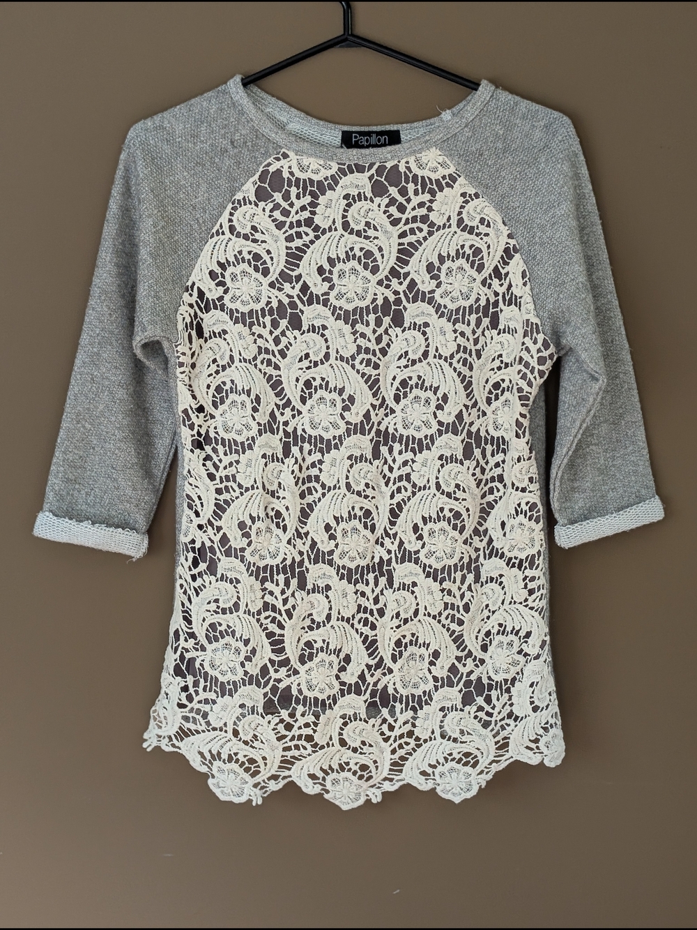 Papillon Blanc Gray Knit Top with Cream Lace Front